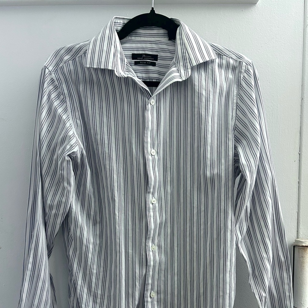 Marc Anthony White Dress Shirt with Navy Vertical Stripes